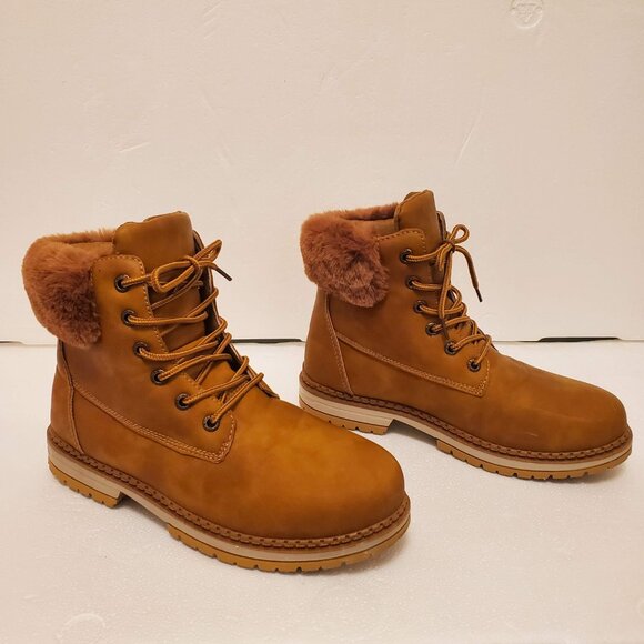 Rouge Helium Tan Faux Fur Lace Up Round-Toe Ankle Bootie Boots - (8M) - Picture 5 of 13